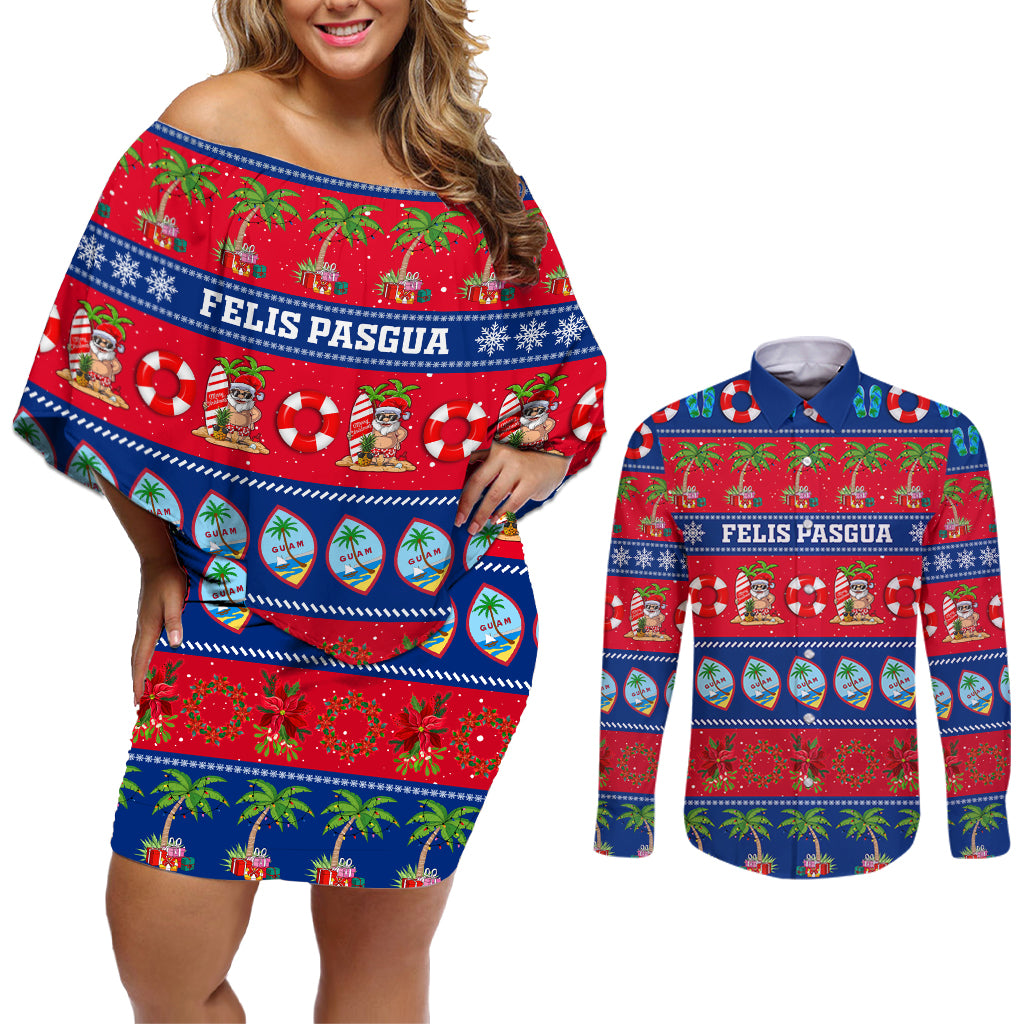 Personalised Guam Christmas Couples Matching Off Shoulder Short Dress and Long Sleeve Button Shirt Felis Pasgua LT14 Blue - Polynesian Pride