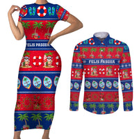 Personalised Guam Christmas Couples Matching Short Sleeve Bodycon Dress and Long Sleeve Button Shirt Felis Pasgua LT14 Blue - Polynesian Pride