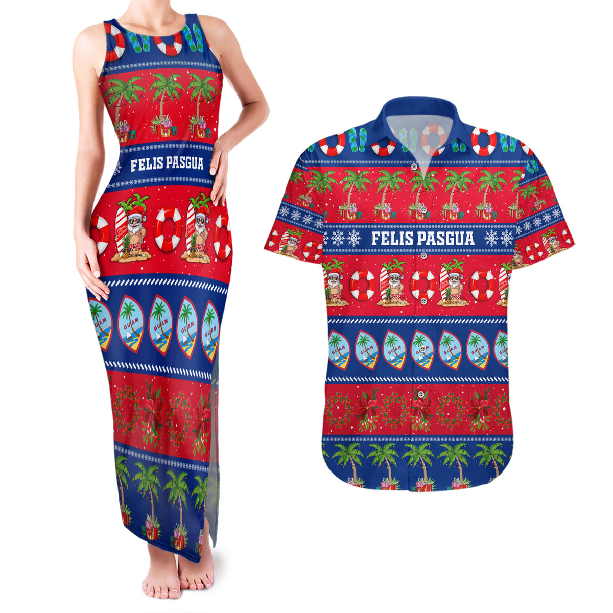 Personalised Guam Christmas Couples Matching Tank Maxi Dress and Hawaiian Shirt Felis Pasgua LT14 Blue - Polynesian Pride