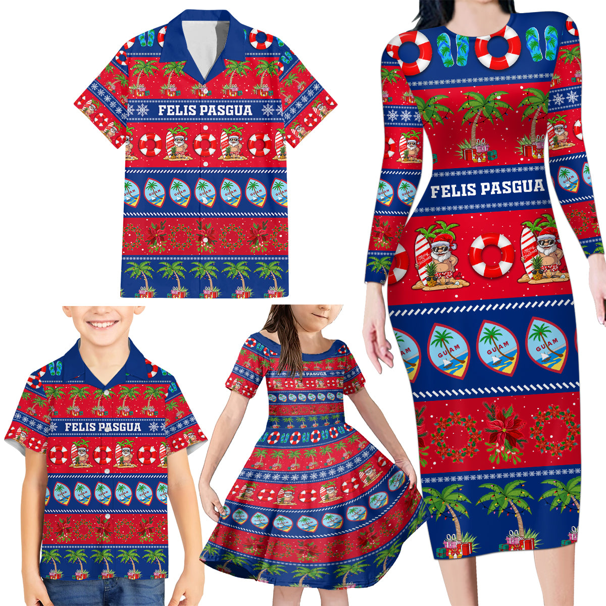 Personalised Guam Christmas Family Matching Long Sleeve Bodycon Dress and Hawaiian Shirt Felis Pasgua LT14 - Polynesian Pride