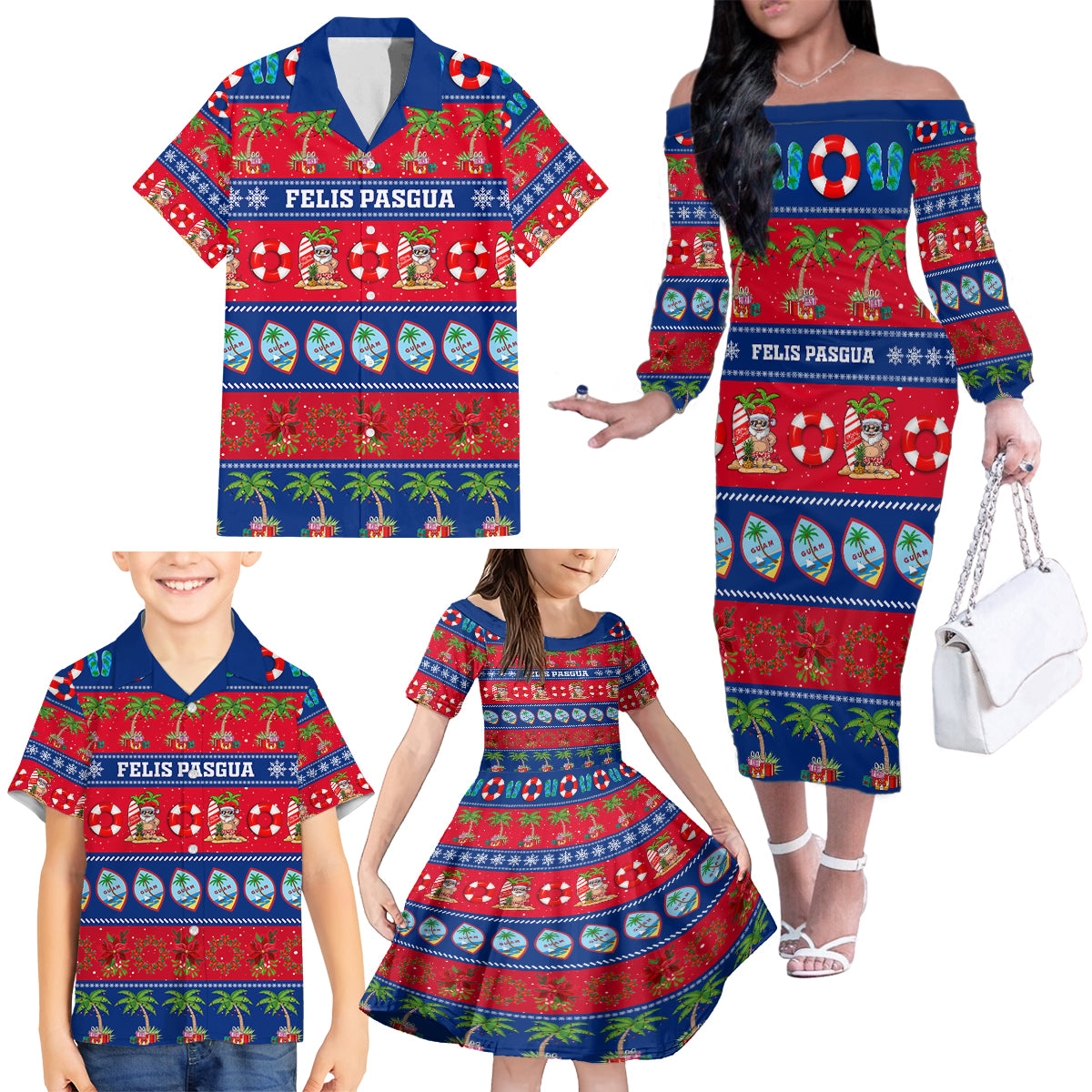 Personalised Guam Christmas Family Matching Off Shoulder Long Sleeve Dress and Hawaiian Shirt Felis Pasgua LT14 - Polynesian Pride