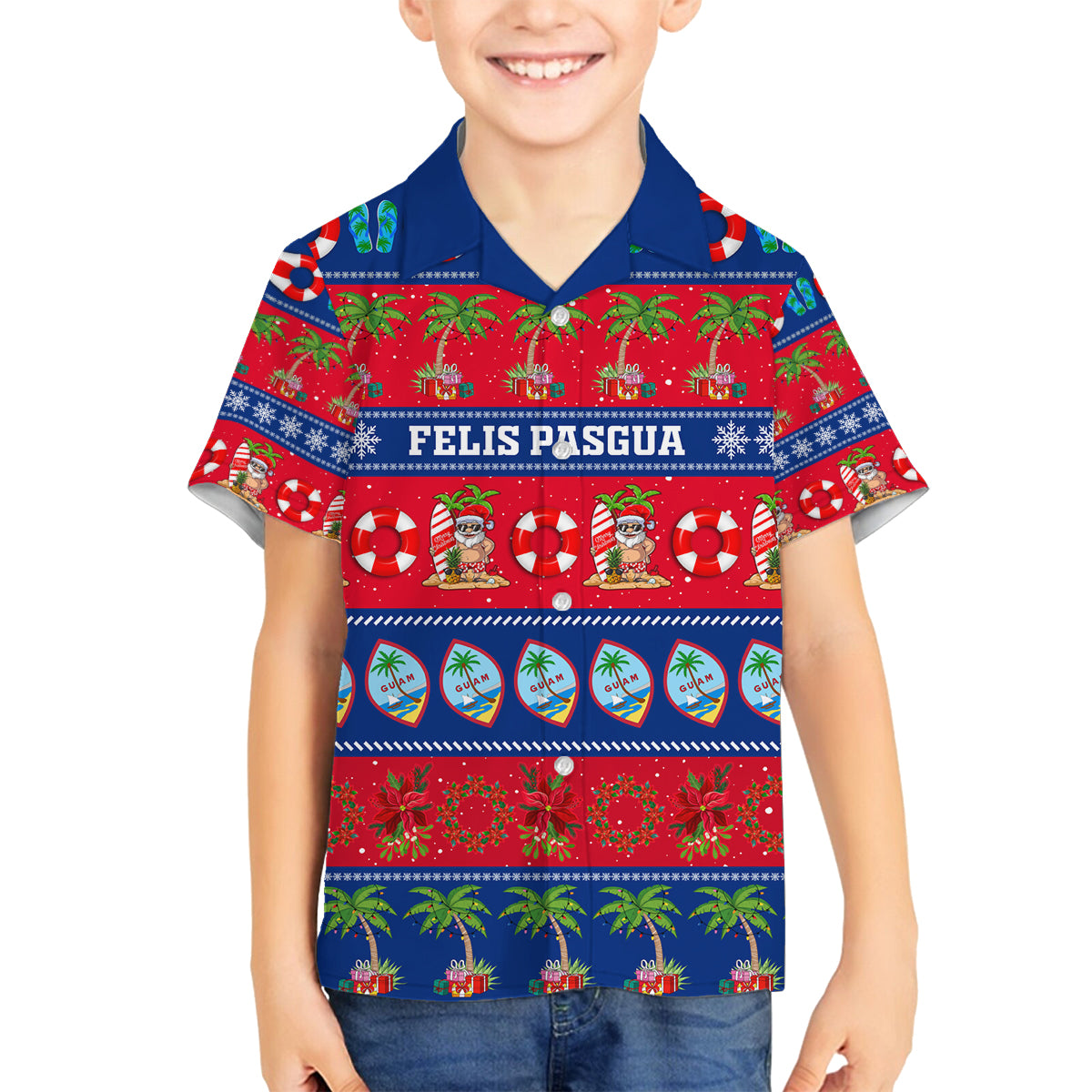 Personalised Guam Christmas Family Matching Off Shoulder Long Sleeve Dress and Hawaiian Shirt Felis Pasgua LT14 Son's Shirt Blue - Polynesian Pride