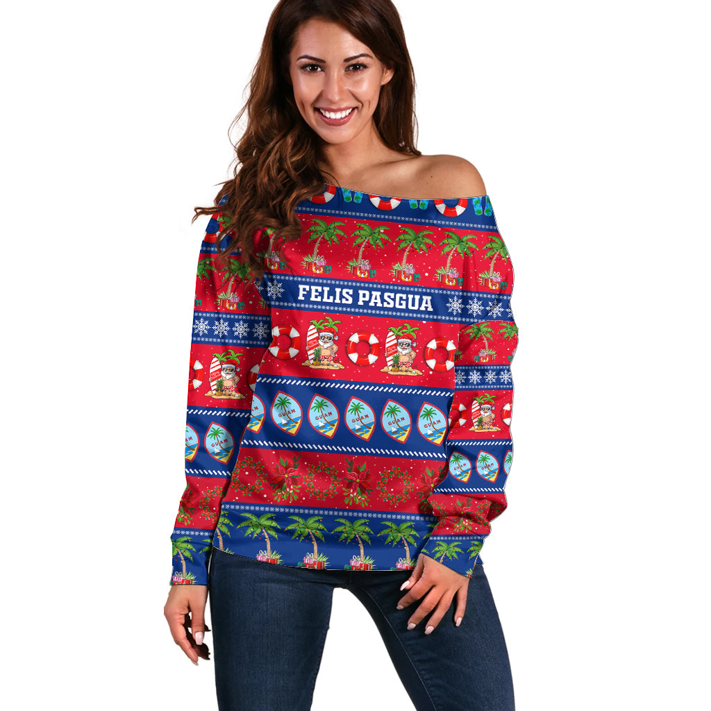 Personalised Guam Christmas Off Shoulder Sweater Felis Pasgua LT14 Women Blue - Polynesian Pride