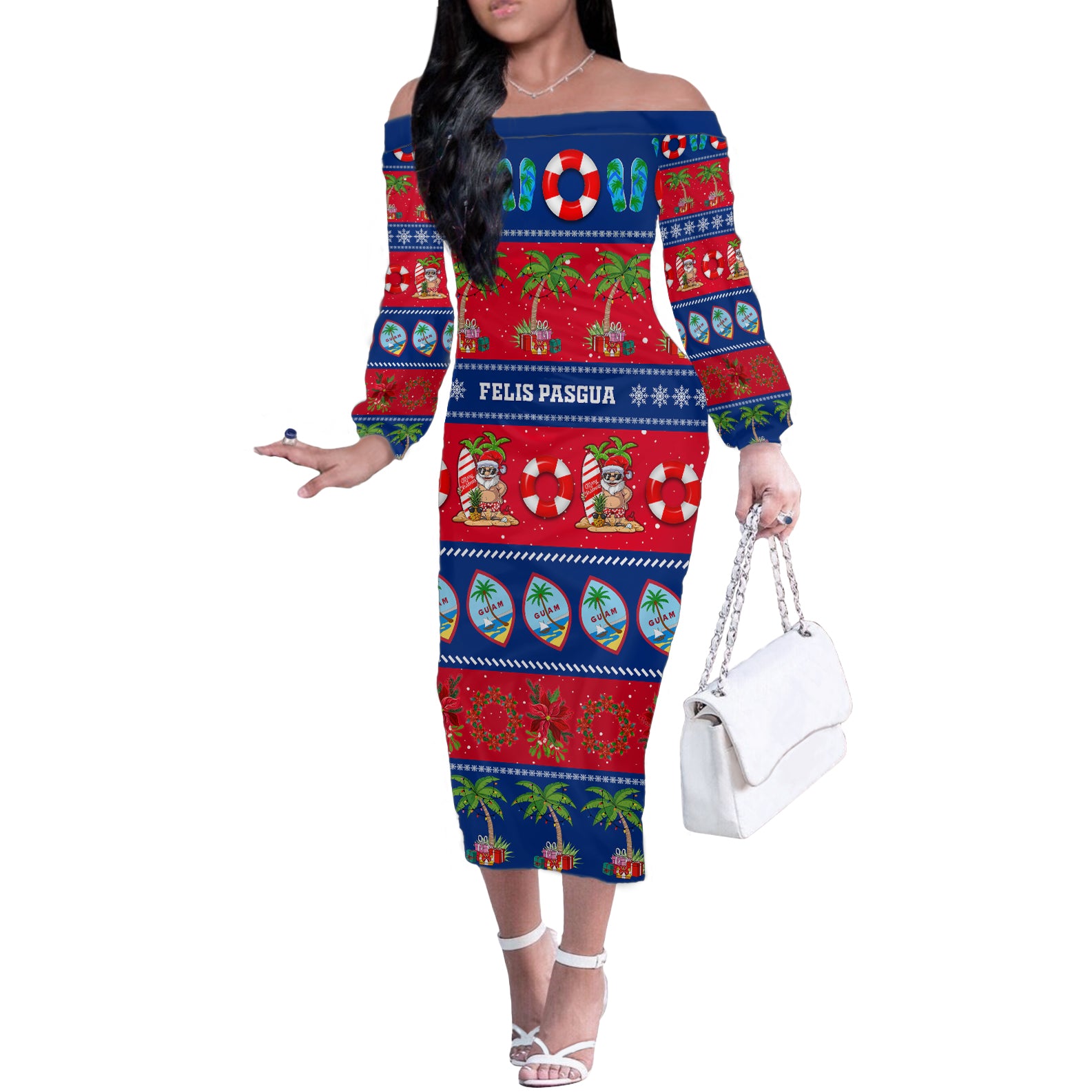 Personalised Guam Christmas Off The Shoulder Long Sleeve Dress Felis Pasgua LT14 Women Blue - Polynesian Pride