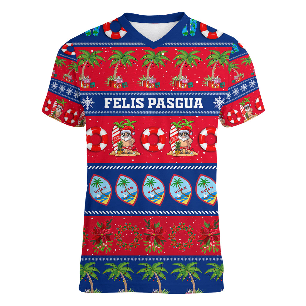 Personalised Guam Christmas Women V Neck T Shirt Felis Pasgua LT14 Female Blue - Polynesian Pride