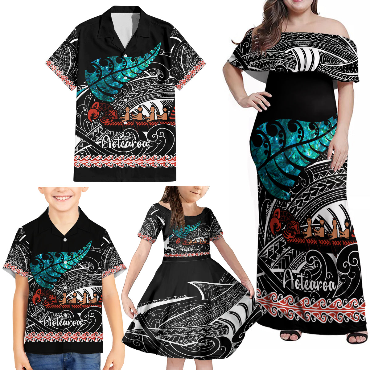 Personalised New Zealand Waka Family Matching Off Shoulder Maxi Dress and Hawaiian Shirt Aotearoa Maori Silver Fern Pattern LT14 - Polynesian Pride