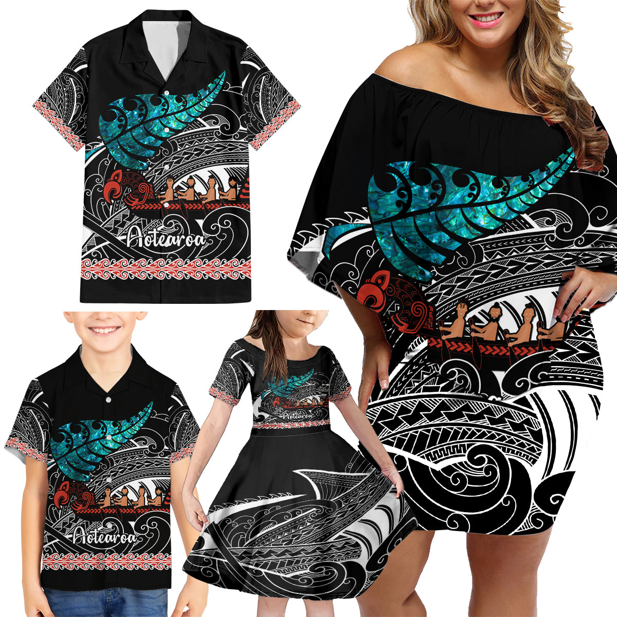 Personalised New Zealand Waka Family Matching Off Shoulder Short Dress and Hawaiian Shirt Aotearoa Maori Silver Fern Pattern LT14 - Polynesian Pride