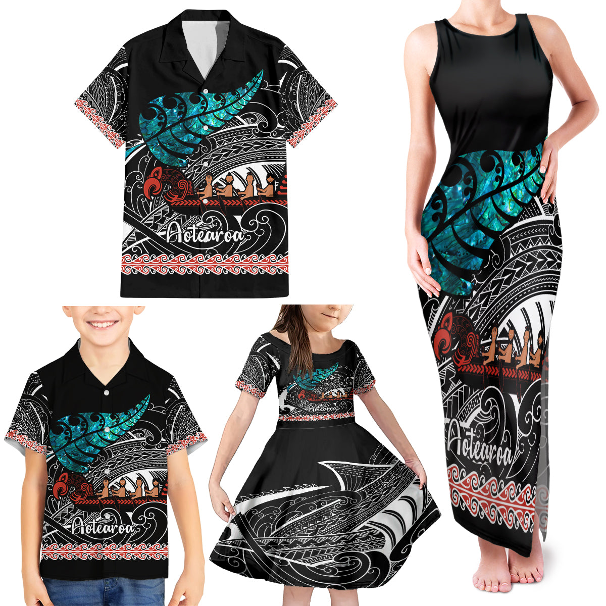 Personalised New Zealand Waka Family Matching Tank Maxi Dress and Hawaiian Shirt Aotearoa Maori Silver Fern Pattern LT14 - Polynesian Pride