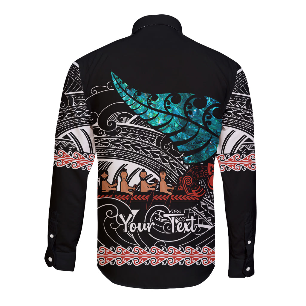 Personalised New Zealand Waka Long Sleeve Button Shirt Aotearoa Maori Silver Fern Pattern LT14 - Polynesian Pride