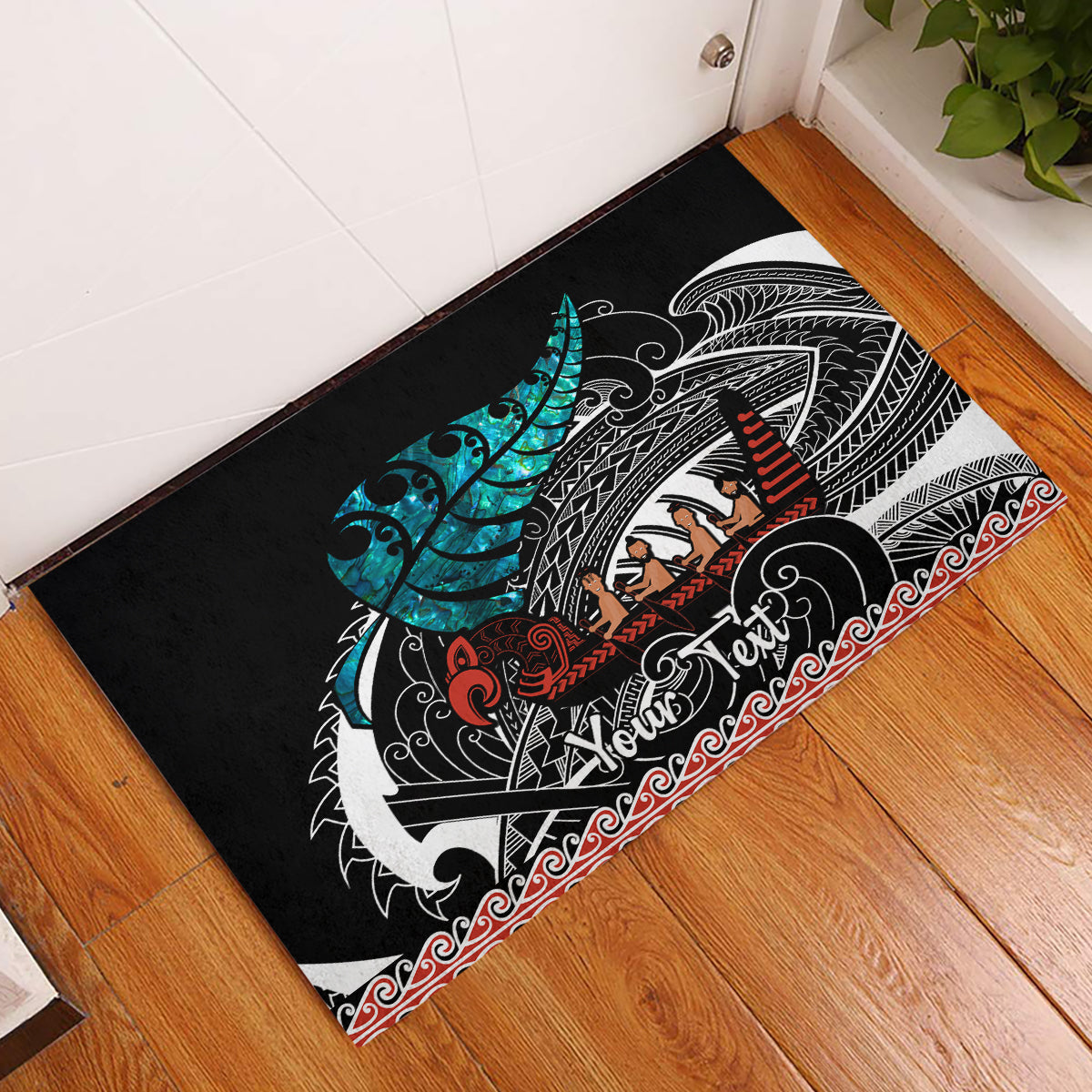 Personalised New Zealand Waka Rubber Doormat Aotearoa Maori Silver Fern Pattern LT14 Black - Polynesian Pride