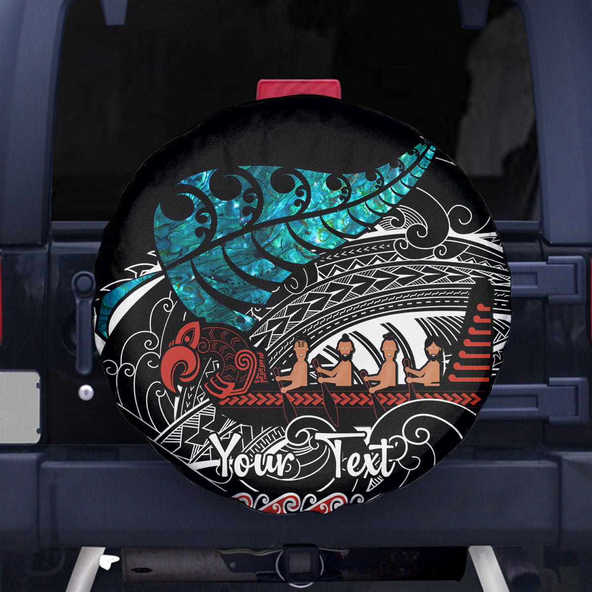 Personalised New Zealand Waka Spare Tire Cover Aotearoa Maori Silver Fern Pattern LT14 Black - Polynesian Pride