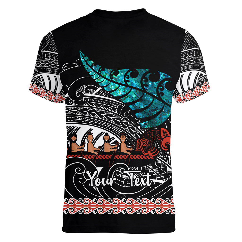 Personalised New Zealand Waka Women V Neck T Shirt Aotearoa Maori Silver Fern Pattern LT14 - Polynesian Pride