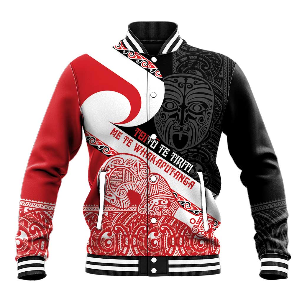 Toitu Te Tiriti Me Te Whakaputanga Baseball Jacket Maori Wahaika With Haka Face LT14 Unisex Red - Polynesian Pride