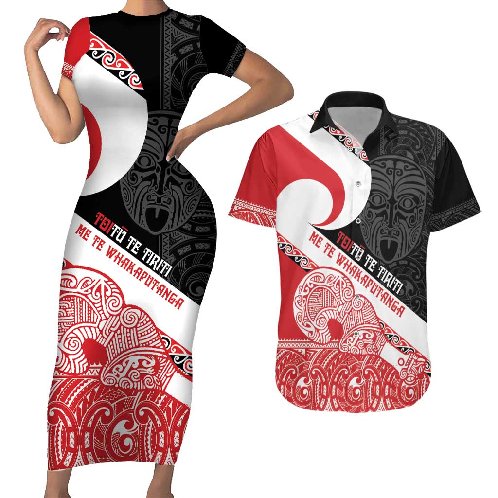 Toitu Te Tiriti Me Te Whakaputanga Couples Matching Short Sleeve Bodycon Dress and Hawaiian Shirt Maori Wahaika With Haka Face