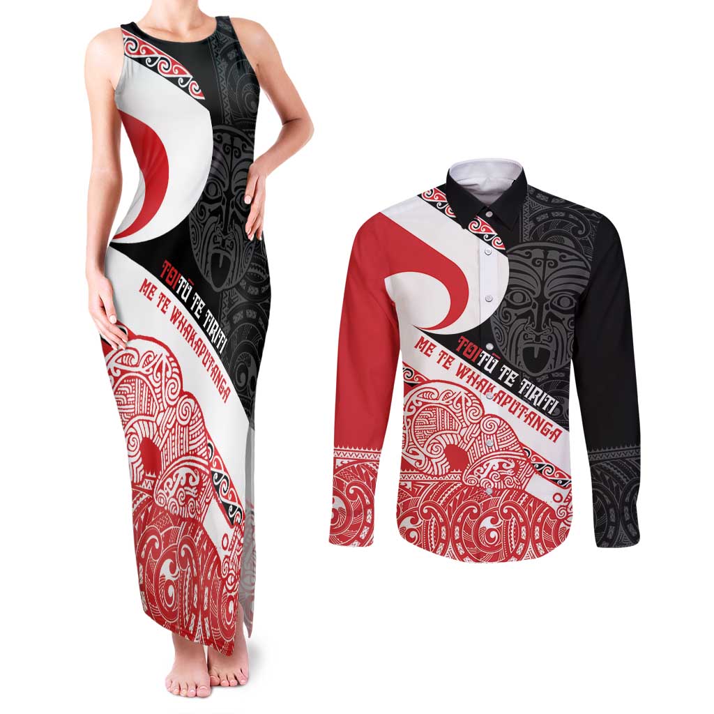 Toitu Te Tiriti Me Te Whakaputanga Couples Matching Tank Maxi Dress and Long Sleeve Button Shirt Maori Wahaika With Haka Face LT14 Red - Polynesian Pride