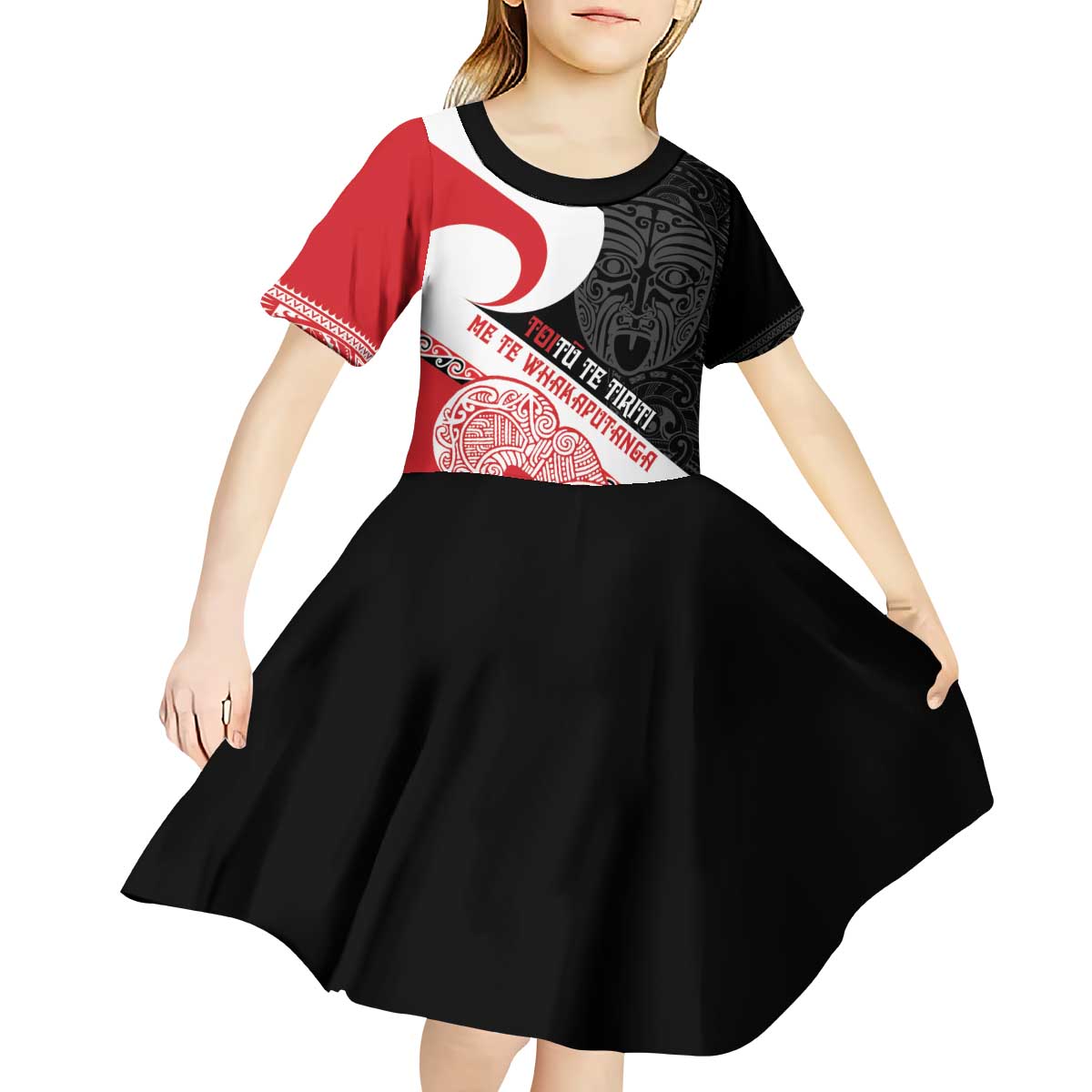 Toitu Te Tiriti Me Te Whakaputanga Kid Short Sleeve Dress Maori Wahaika With Haka Face