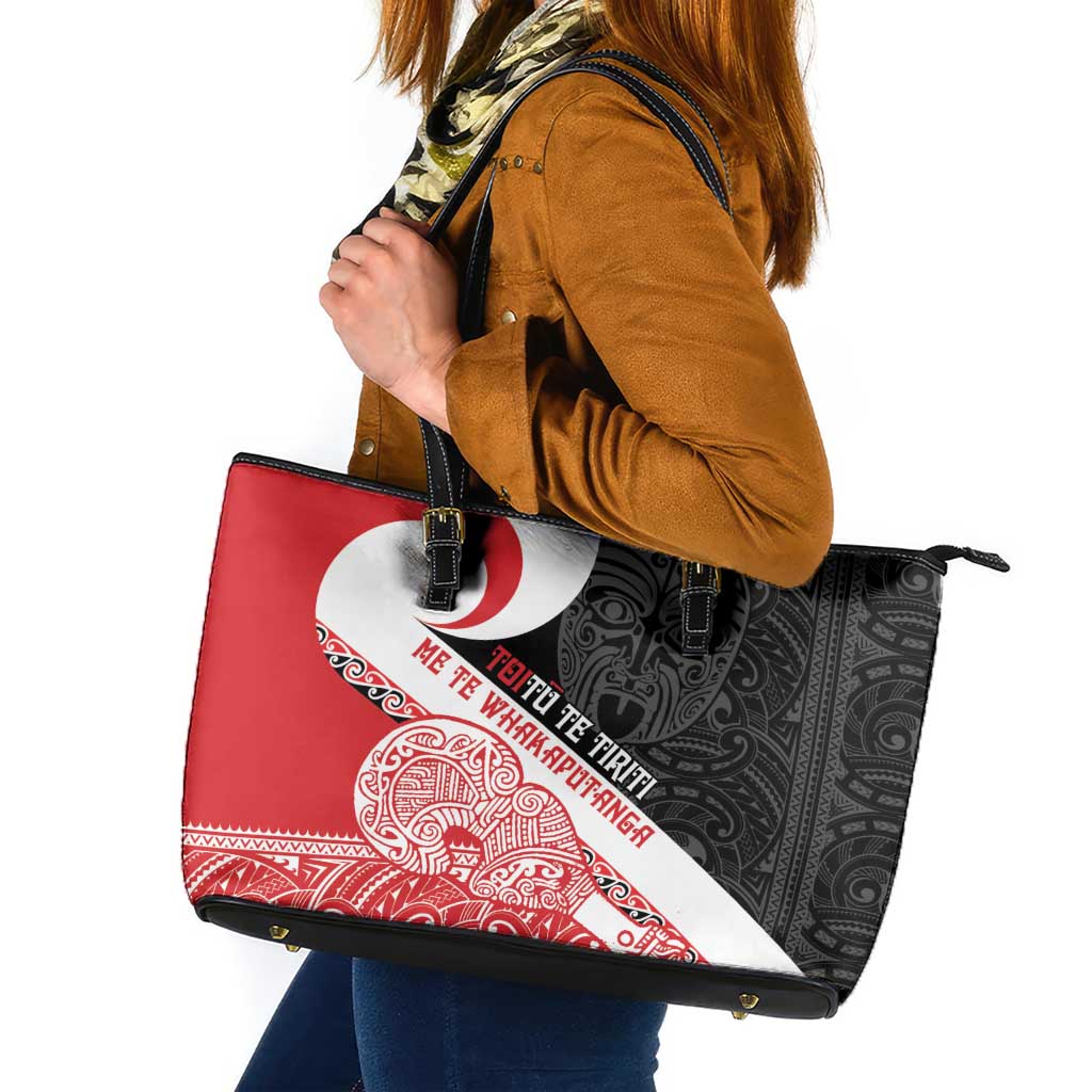 Toitu Te Tiriti Me Te Whakaputanga Leather Tote Bag Maori Wahaika With Haka Face LT14 Red - Polynesian Pride