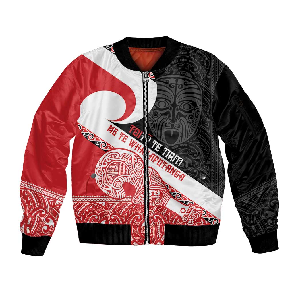 Toitu Te Tiriti Me Te Whakaputanga Sleeve Zip Bomber Jacket Maori Wahaika With Haka Face