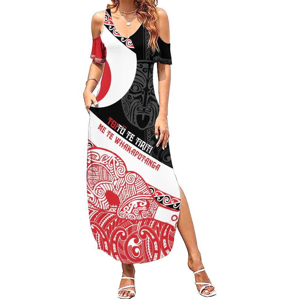 Toitu Te Tiriti Me Te Whakaputanga Summer Maxi Dress Maori Wahaika With Haka Face LT14 Women Red - Polynesian Pride