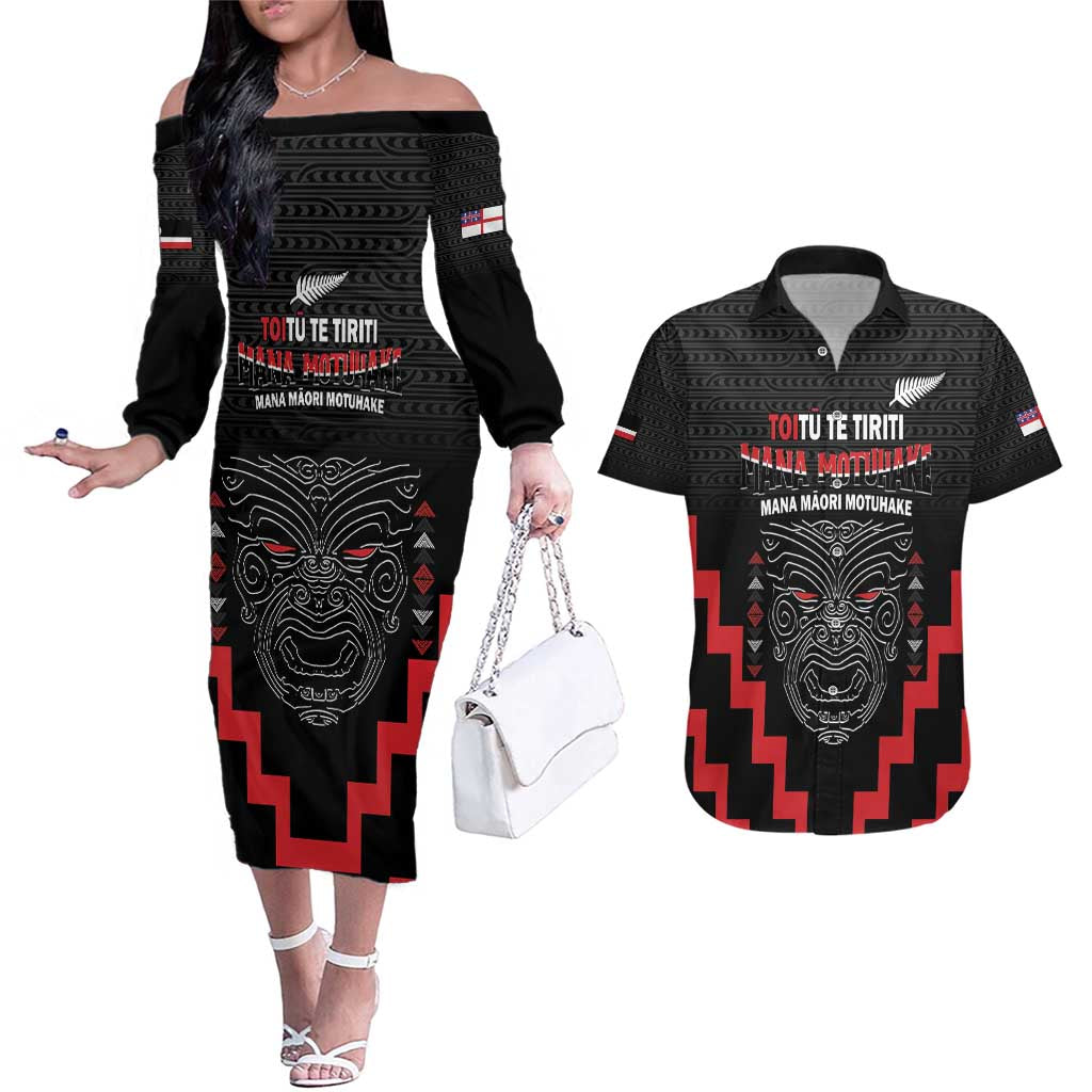 Personalised Toitu Te Tiriti Mana Maori Motuhake Couples Matching Off The Shoulder Long Sleeve Dress and Hawaiian Shirt Aotearoa Haka Face Mix Poutama Art LT14 Black - Polynesian Pride