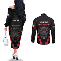 Personalised Toitu Te Tiriti Mana Maori Motuhake Couples Matching Off The Shoulder Long Sleeve Dress and Long Sleeve Button Shirt Aotearoa Haka Face Mix Poutama Art
