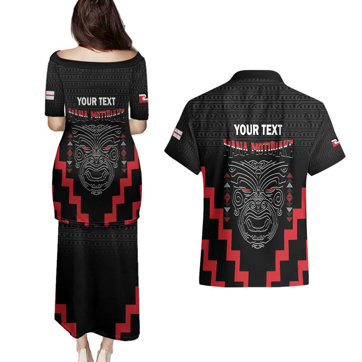 Personalised Toitu Te Tiriti Mana Maori Motuhake Couples Matching Puletasi and Hawaiian Shirt Aotearoa Haka Face Mix Poutama Art
