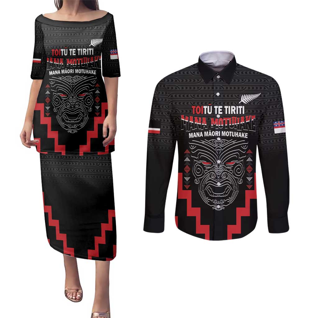 Personalised Toitu Te Tiriti Mana Maori Motuhake Couples Matching Puletasi and Long Sleeve Button Shirt Aotearoa Haka Face Mix Poutama Art