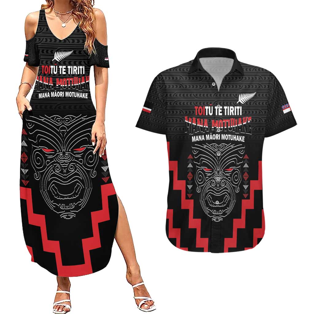 Personalised Toitu Te Tiriti Mana Maori Motuhake Couples Matching Summer Maxi Dress and Hawaiian Shirt Aotearoa Haka Face Mix Poutama Art LT14 Black - Polynesian Pride