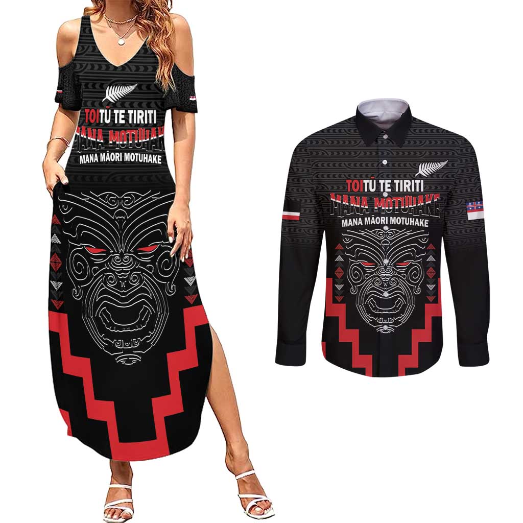 Personalised Toitu Te Tiriti Mana Maori Motuhake Couples Matching Summer Maxi Dress and Long Sleeve Button Shirt Aotearoa Haka Face Mix Poutama Art LT14 Black - Polynesian Pride