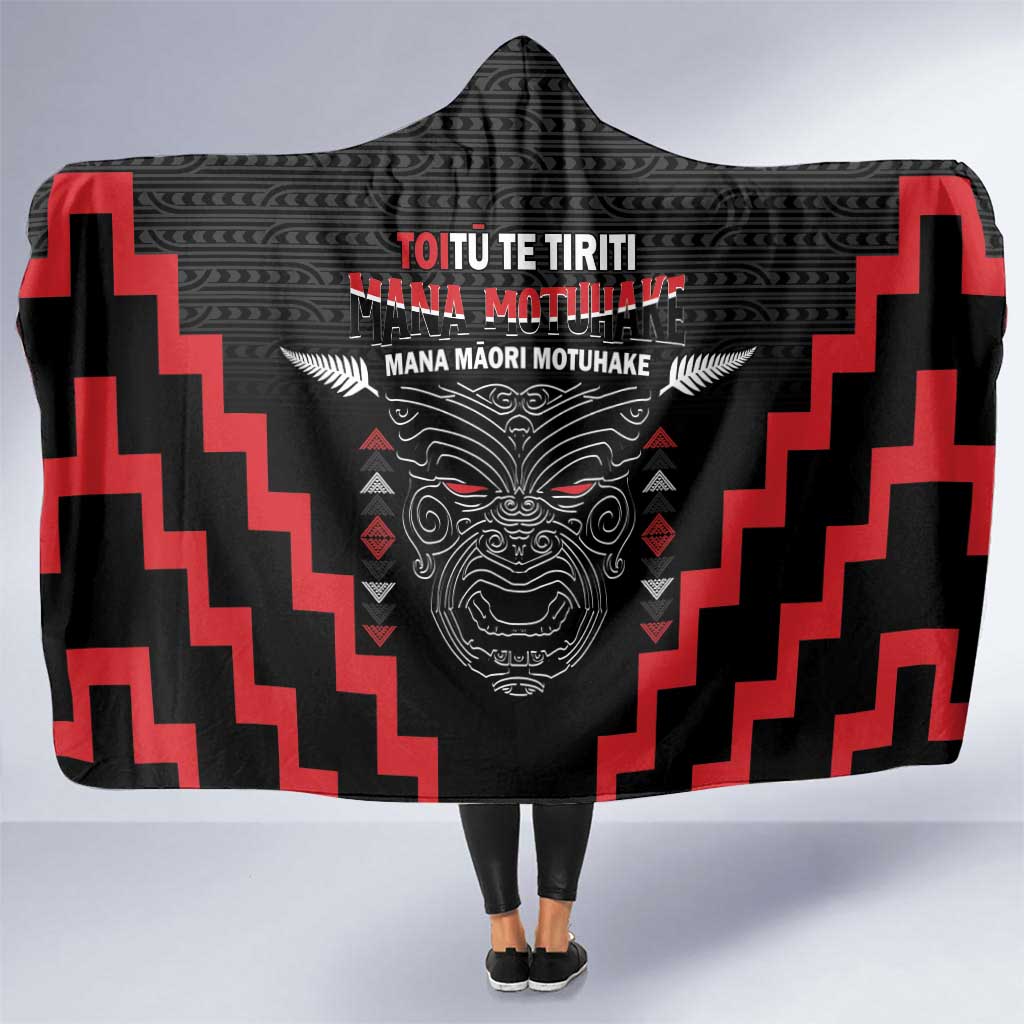 Personalised Toitu Te Tiriti Mana Maori Motuhake Hooded Blanket Aotearoa Haka Face Mix Poutama Art LT14 One Size Black - Polynesian Pride