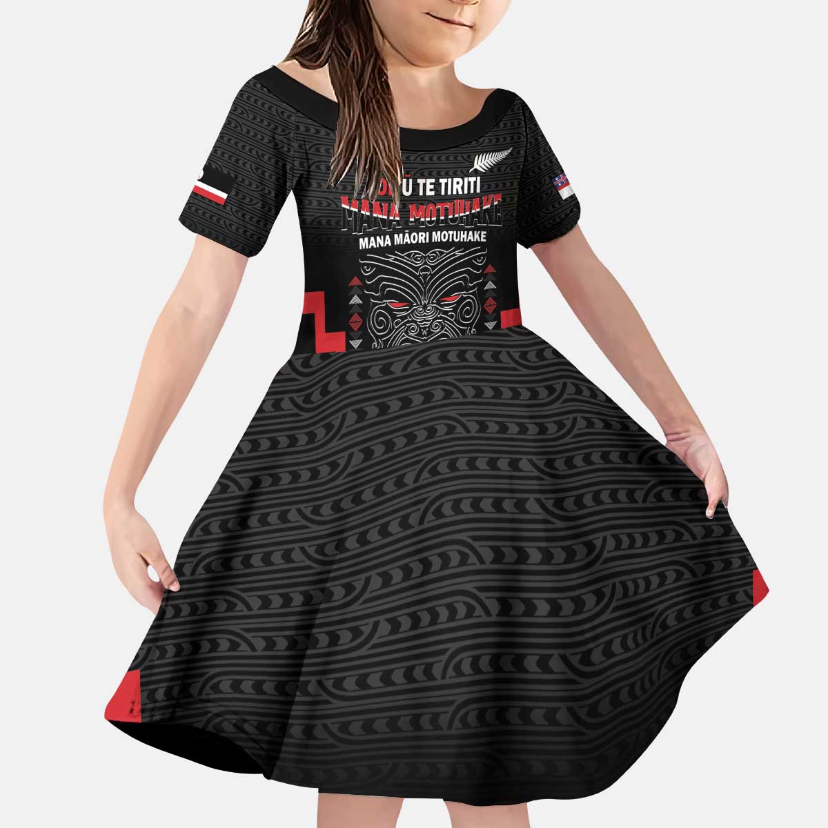 Personalised Toitu Te Tiriti Mana Maori Motuhake Kid Short Sleeve Dress Aotearoa Haka Face Mix Poutama Art