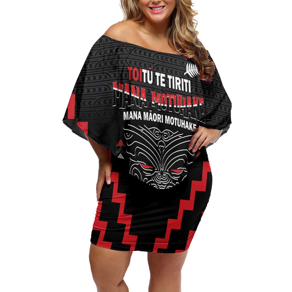 Personalised Toitu Te Tiriti Mana Maori Motuhake Off Shoulder Short Dress Aotearoa Haka Face Mix Poutama Art LT14 Women Black - Polynesian Pride