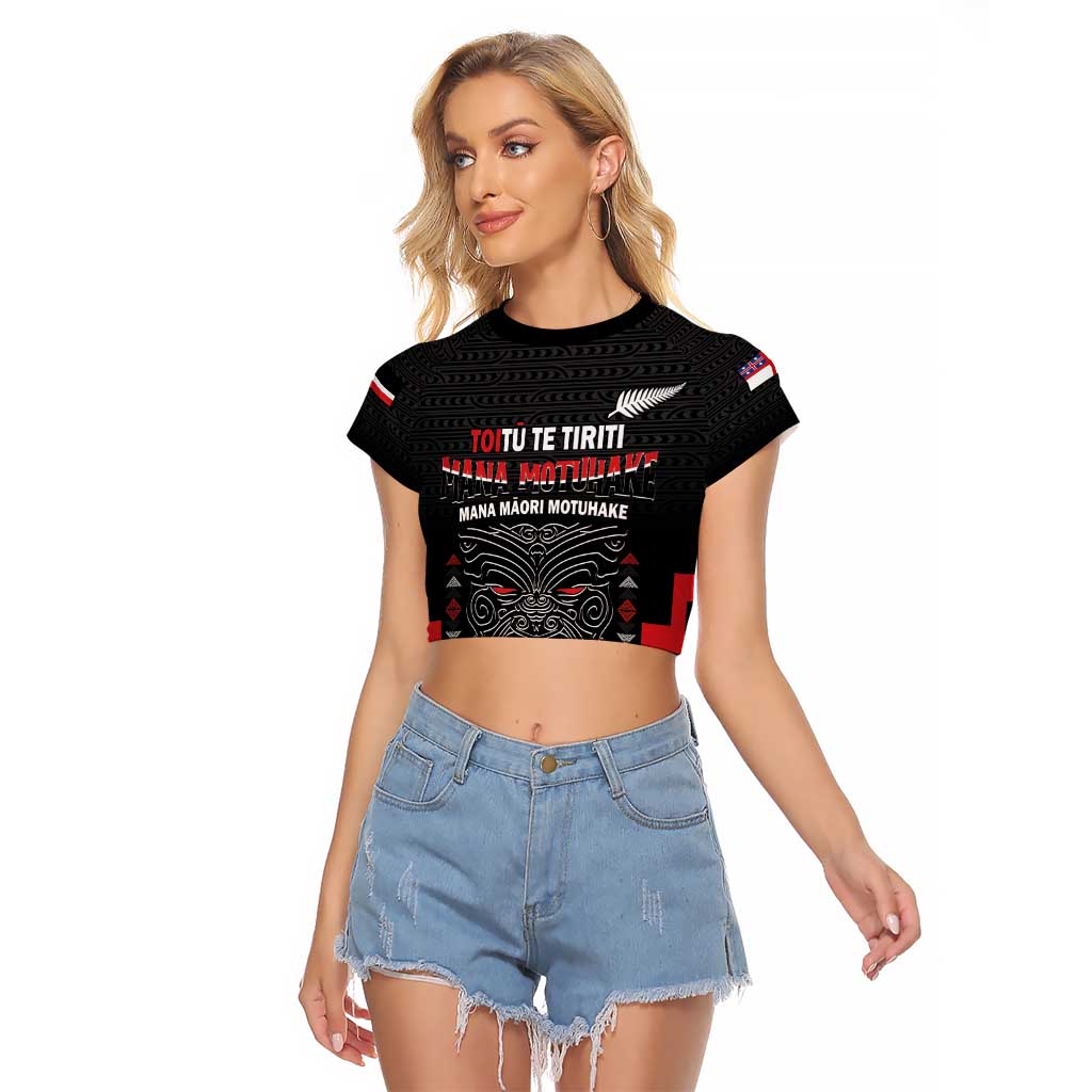 Personalised Toitu Te Tiriti Mana Maori Motuhake Raglan Cropped T Shirt Aotearoa Haka Face Mix Poutama Art