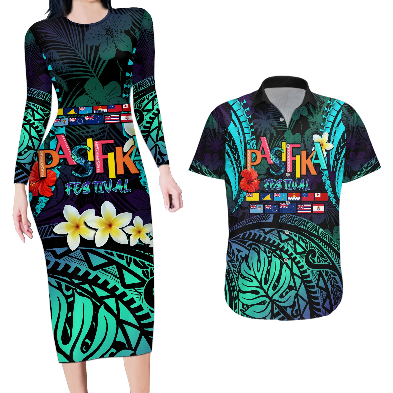 Personalised Pasifika Festival Auckland Couples Matching Long Sleeve Bodycon Dress and Hawaiian Shirt 2024 Pacific Islands Polynesian Pattern LT14 Purple - Polynesian Pride