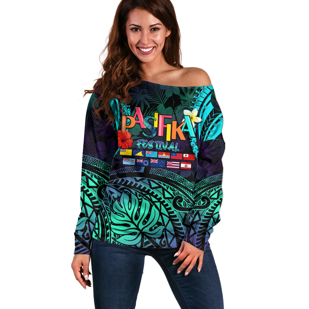 Personalised Pasifika Festival Auckland Off Shoulder Sweater 2024 Pacific Islands Polynesian Pattern LT14 Women Purple - Polynesian Pride