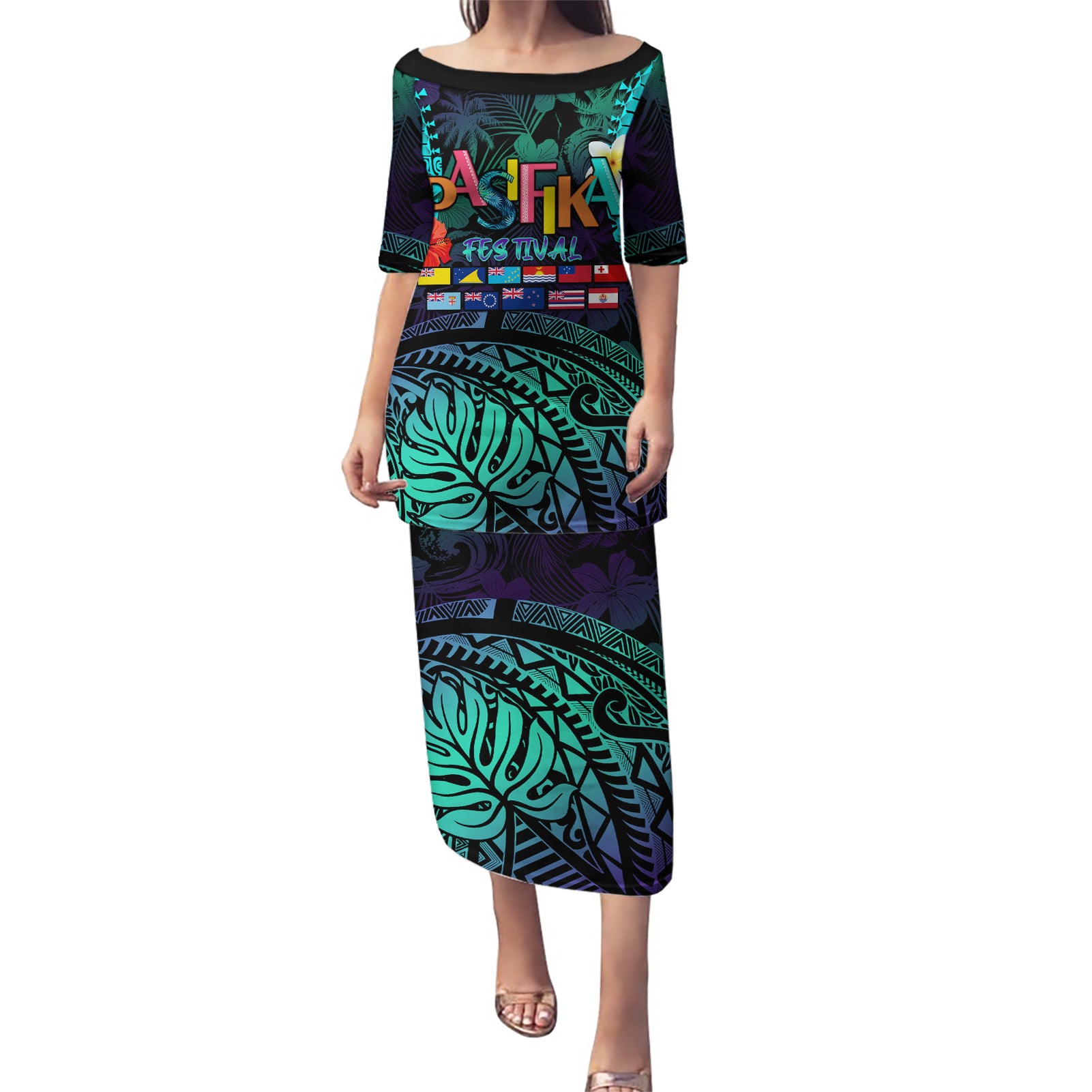 Personalised Pasifika Festival Auckland Puletasi 2024 Pacific Islands Polynesian Pattern LT14 Long Dress Purple - Polynesian Pride