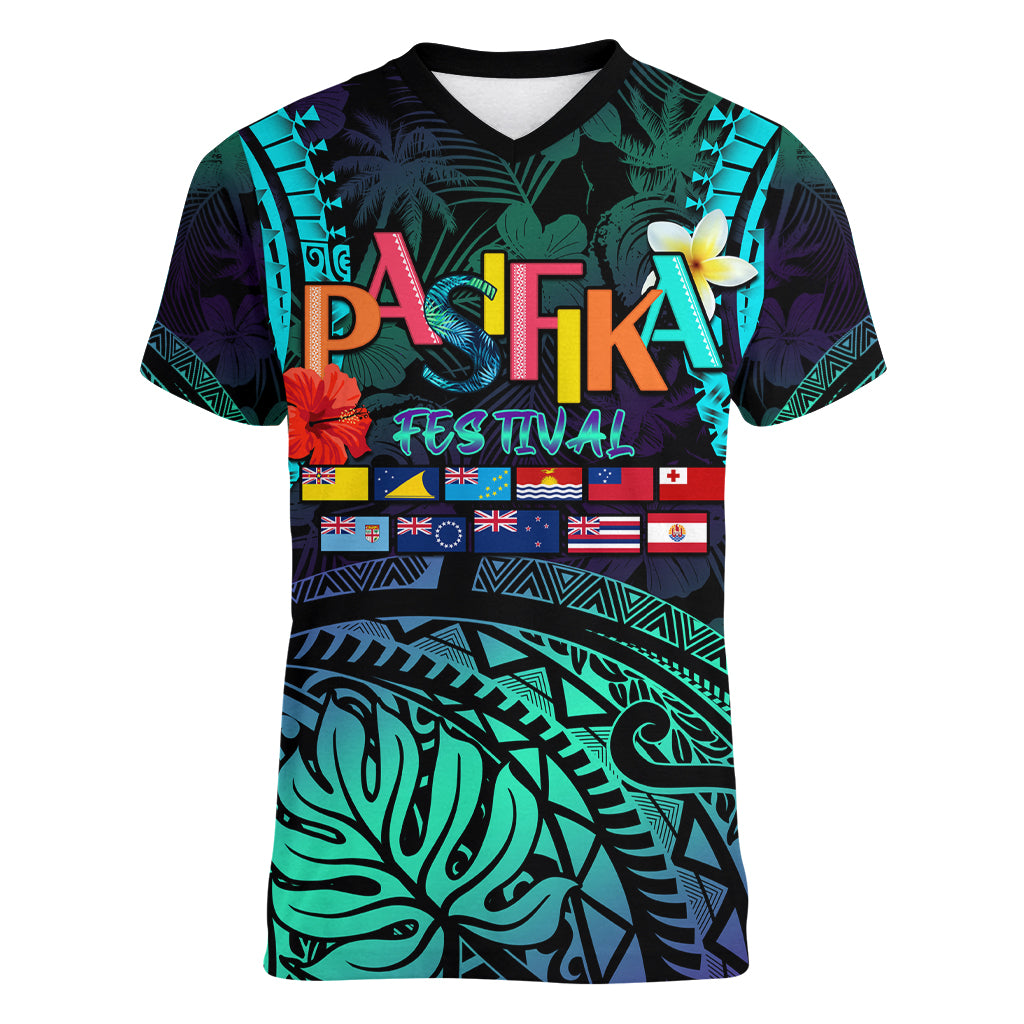 Personalised Pasifika Festival Auckland Women V Neck T Shirt 2024 Pacific Islands Polynesian Pattern LT14 Female Purple - Polynesian Pride