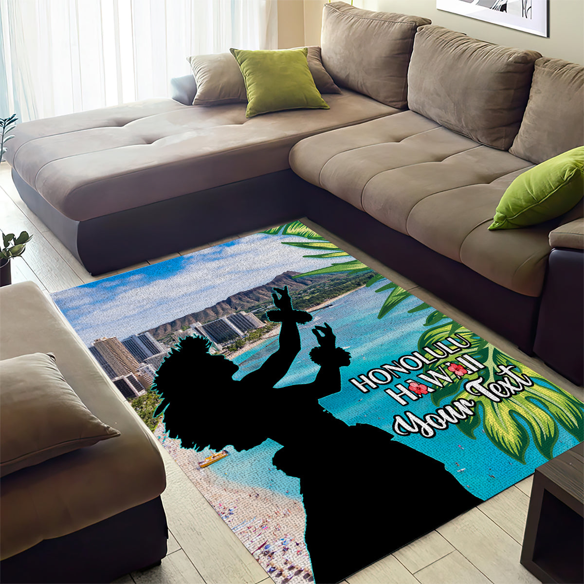 Personalised Honolulu Aloha Hawaii Area Rug Tropical Leaves With Hula Girl LT14 - Polynesian Pride