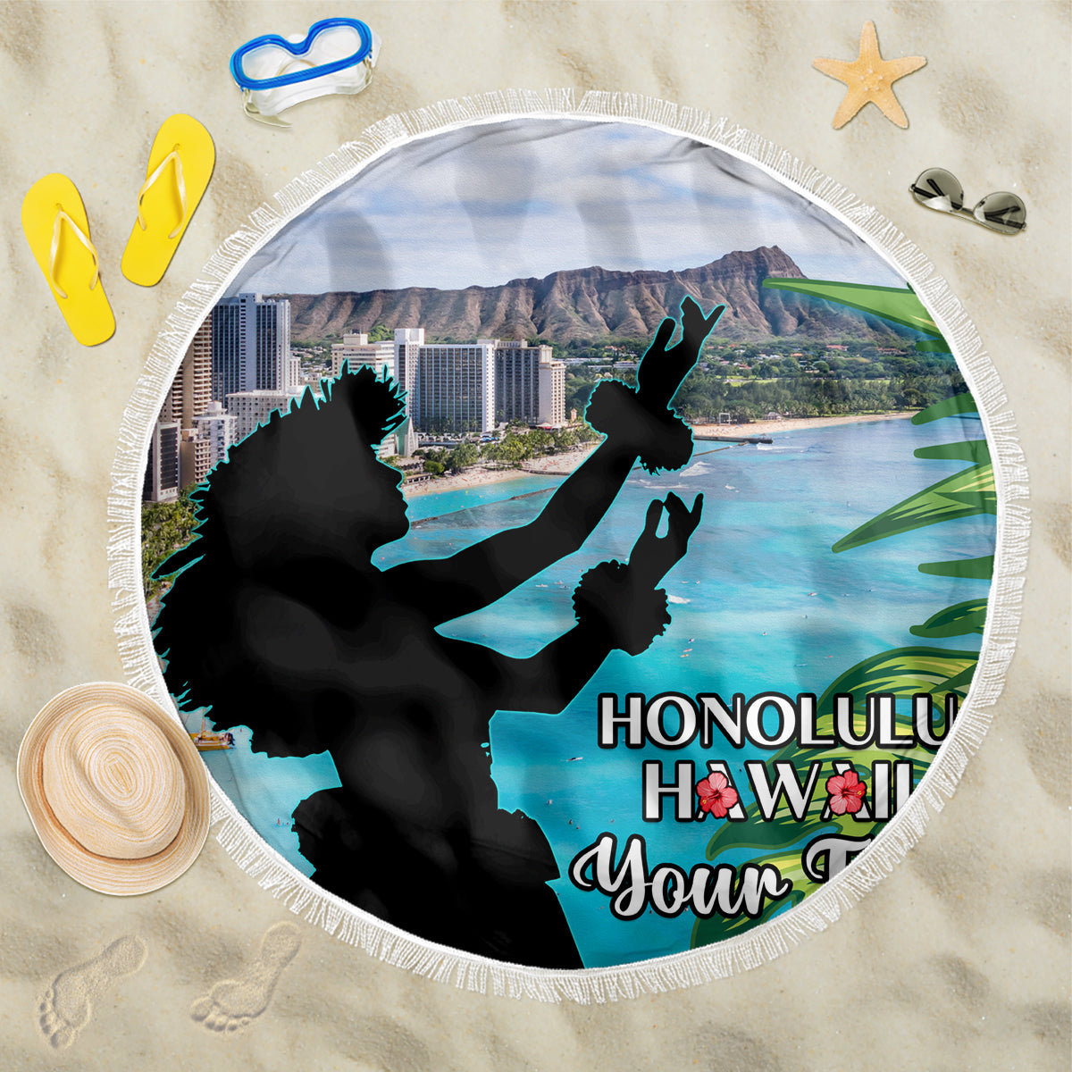 Personalised Honolulu Aloha Hawaii Beach Blanket Tropical Leaves With Hula Girl LT14 One Size 150cm Blue - Polynesian Pride