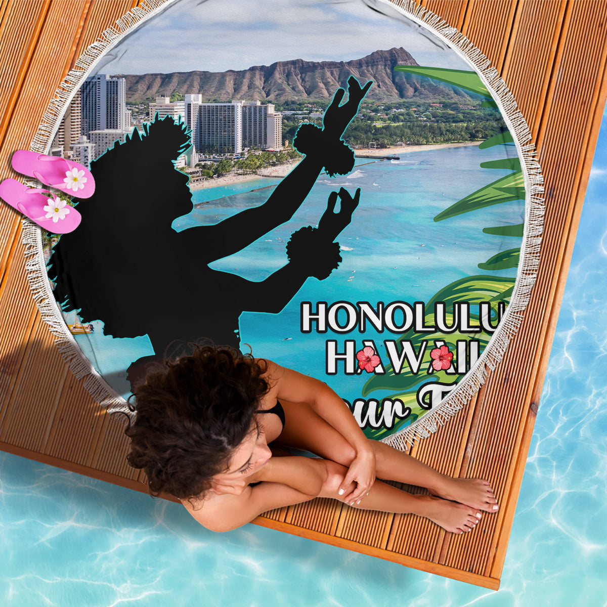 Personalised Honolulu Aloha Hawaii Beach Blanket Tropical Leaves With Hula Girl LT14 - Polynesian Pride