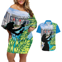Personalised Honolulu Aloha Hawaii Couples Matching Off Shoulder Short Dress and Hawaiian Shirt Tropical Leaves With Hula Girl LT14 Blue - Polynesian Pride