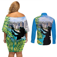 Personalised Honolulu Aloha Hawaii Couples Matching Off Shoulder Short Dress and Long Sleeve Button Shirt Tropical Leaves With Hula Girl LT14 - Polynesian Pride