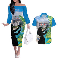 Personalised Honolulu Aloha Hawaii Couples Matching Off The Shoulder Long Sleeve Dress and Hawaiian Shirt Tropical Leaves With Hula Girl LT14 Blue - Polynesian Pride
