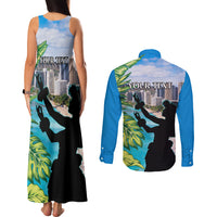 Personalised Honolulu Aloha Hawaii Couples Matching Tank Maxi Dress and Long Sleeve Button Shirt Tropical Leaves With Hula Girl LT14 - Polynesian Pride
