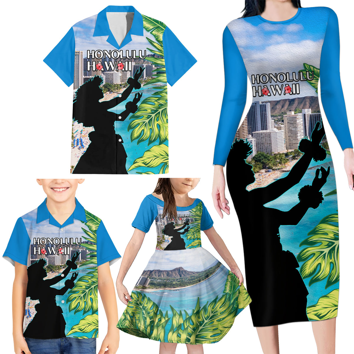 Personalised Honolulu Aloha Hawaii Family Matching Long Sleeve Bodycon Dress and Hawaiian Shirt Tropical Leaves With Hula Girl LT14 - Polynesian Pride