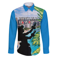 Personalised Honolulu Aloha Hawaii Family Matching Off Shoulder Long Sleeve Dress and Hawaiian Shirt Tropical Leaves With Hula Girl LT14 Dad's Shirt - Long Sleeve Blue - Polynesian Pride