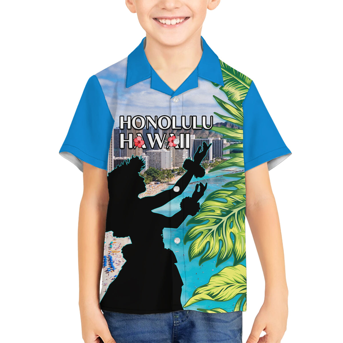 Personalised Honolulu Aloha Hawaii Family Matching Off Shoulder Long Sleeve Dress and Hawaiian Shirt Tropical Leaves With Hula Girl LT14 Son's Shirt Blue - Polynesian Pride