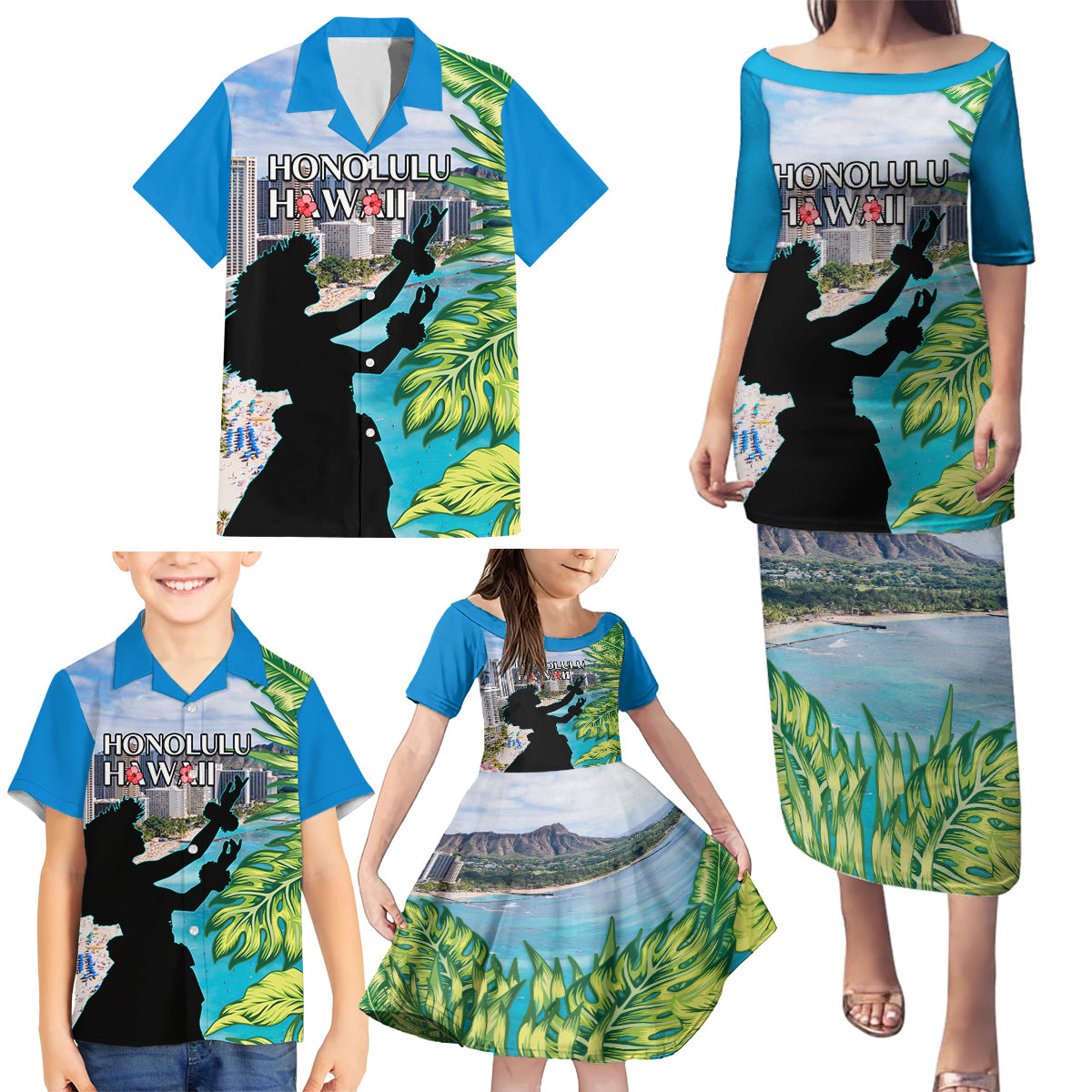 Personalised Honolulu Aloha Hawaii Family Matching Puletasi and Hawaiian Shirt Tropical Leaves With Hula Girl LT14 - Polynesian Pride