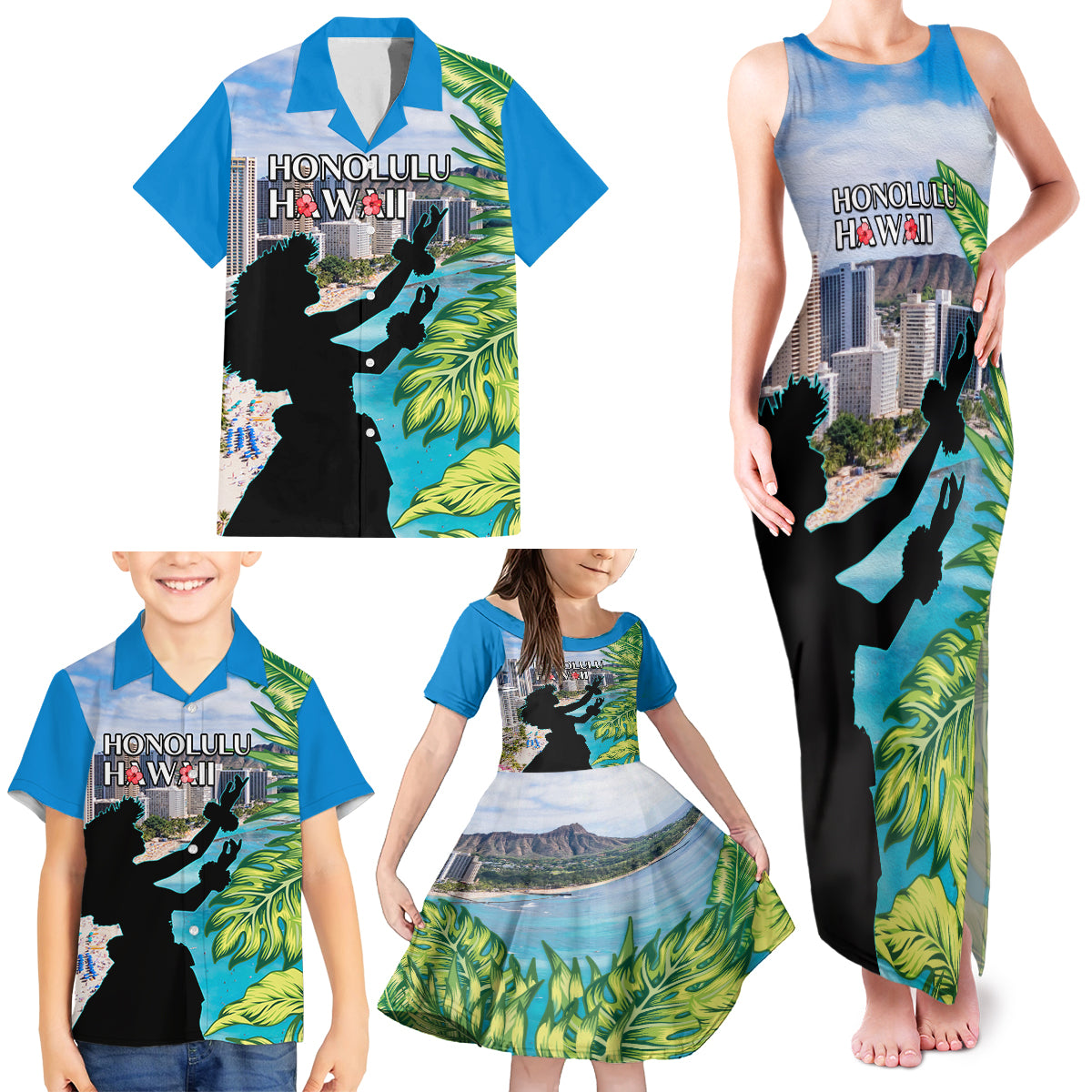 Personalised Honolulu Aloha Hawaii Family Matching Tank Maxi Dress and Hawaiian Shirt Tropical Leaves With Hula Girl LT14 - Polynesian Pride