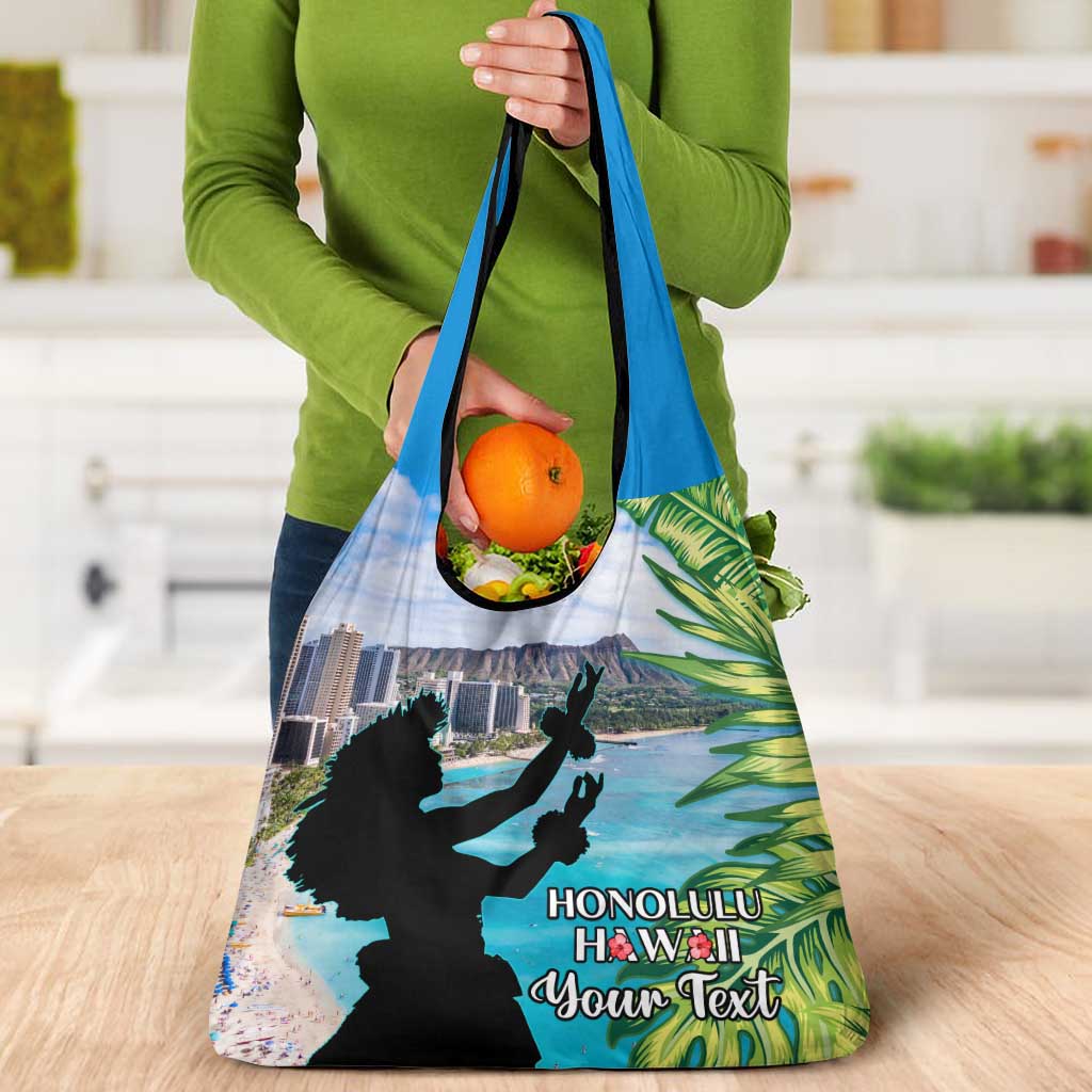 Personalised Honolulu Aloha Hawaii Grocery Bag Tropical Leaves With Hula Girl